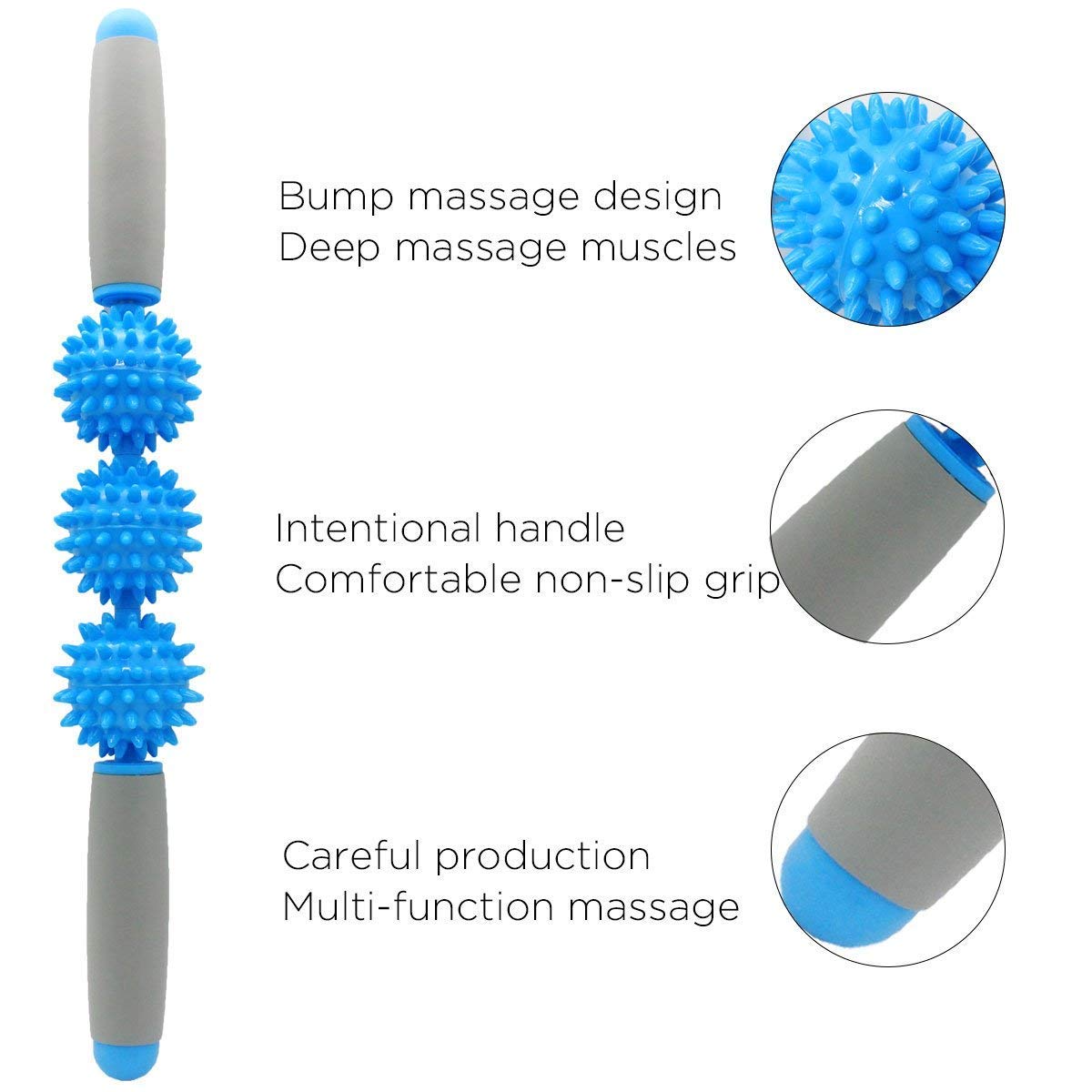 Fitness Massage Stick – Muscle Therapy Roller with 3 Spiky Ballsage Tool