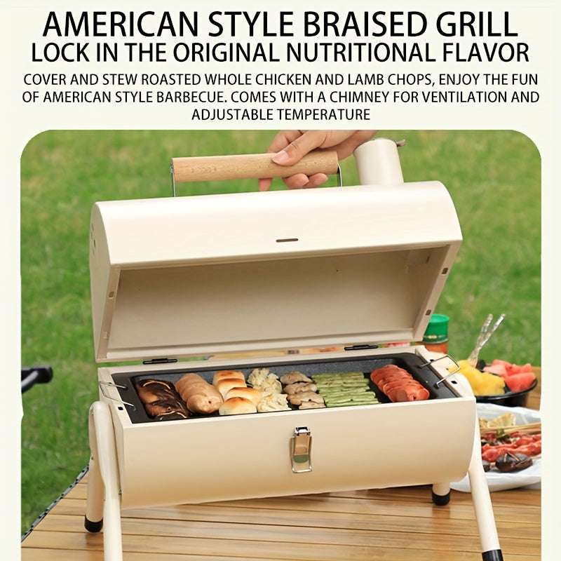 Portable Folding BBQ Grill, Outdoor Camping Charcoal Barbecue with Dual-Sided Grilling Grate and Drip Tray, Iron Construction - Ideal for Home Garden, Backyard, and Outdoor Cooking