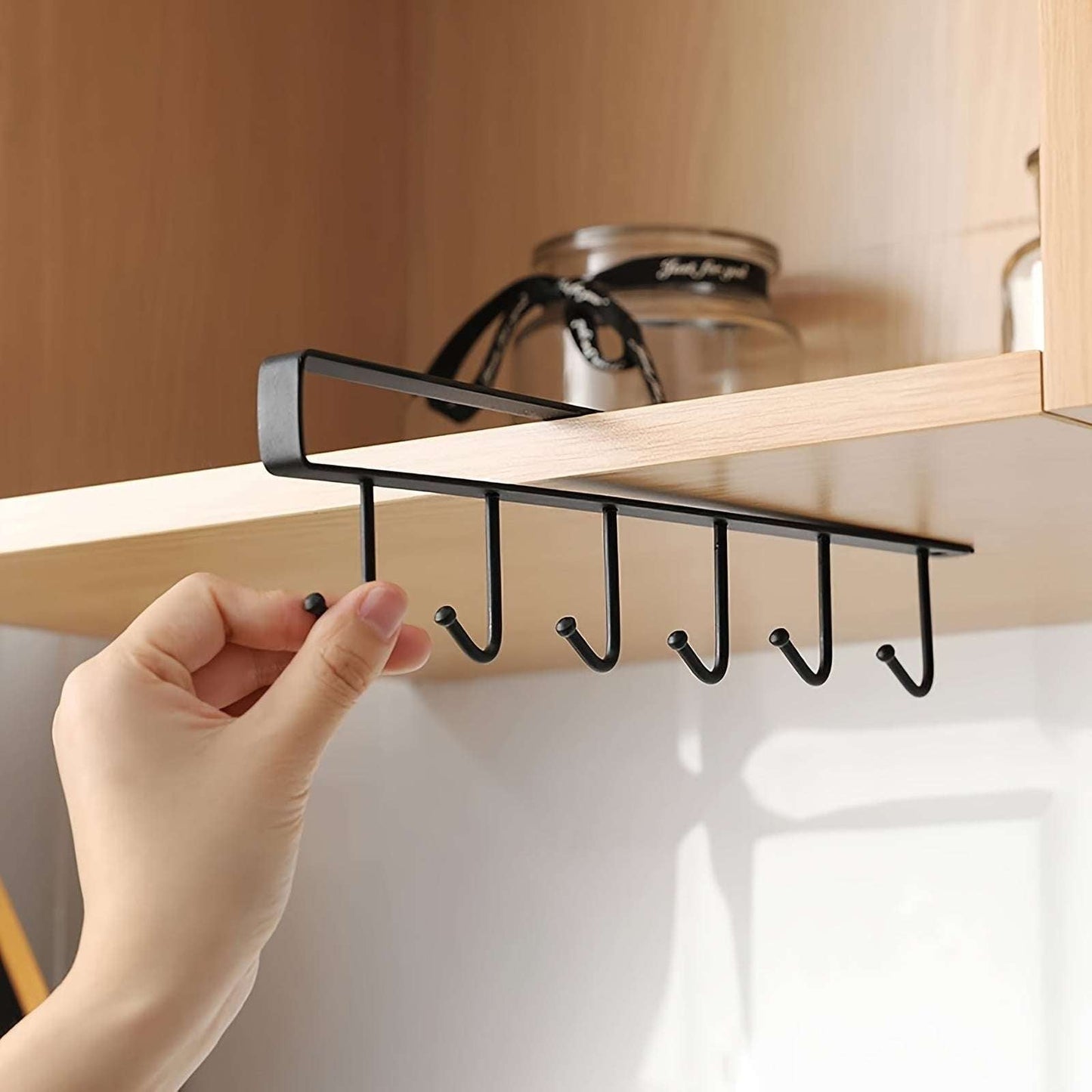 1 Pack Hanging Hooks Rack Under Cupboard Cabinet Cup Holder Coffee Mug Holder 6 Hooks Drilling Free Coffee Cups Holder Kitchen Utensil Storage Organizer Hook Rack