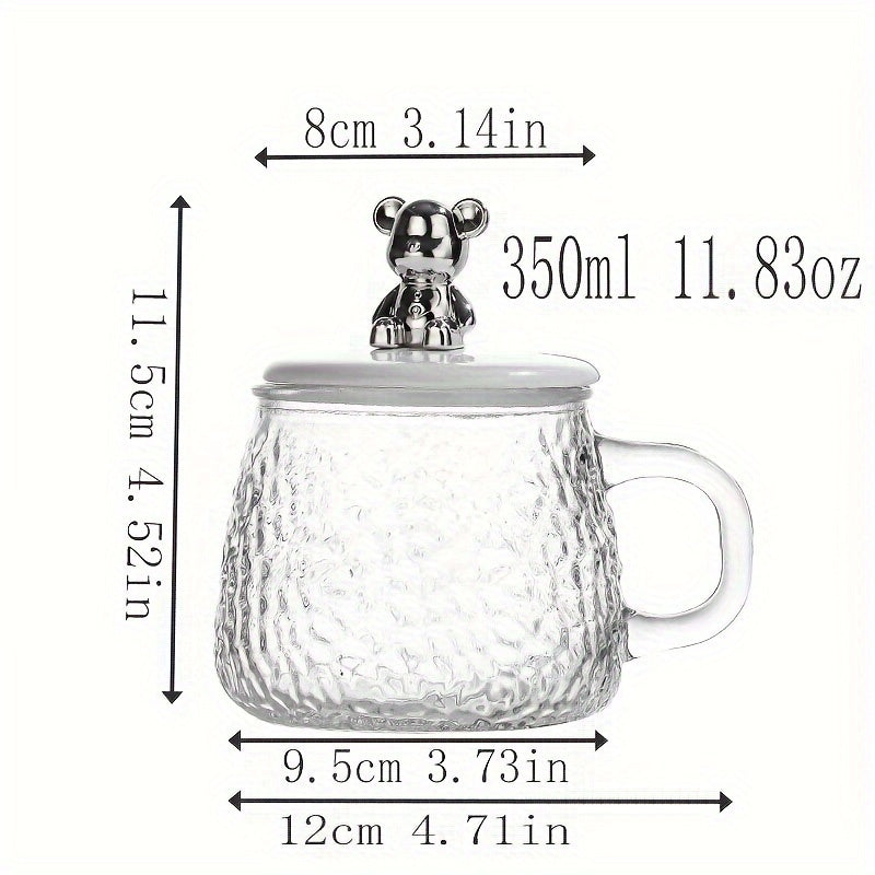 Charming Hammered Bear Glass Coffee Cup with Handle and Lid - Reusable, Multi-Purpose Transparent Glass Mug for Hot & Cold Beverages