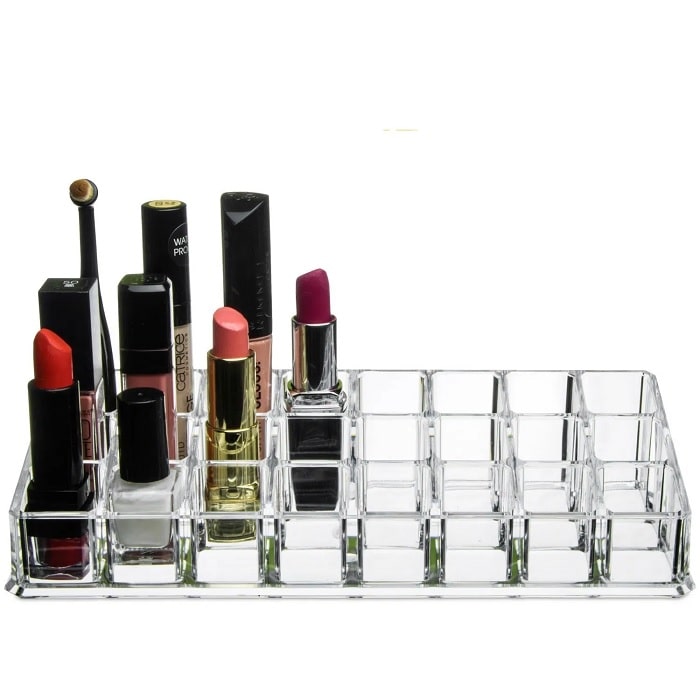 24 Cavity Lipstick Organizer,Lipstick, Lip Gloss, Nail Polish Organizer 24 Grid Squares Holder Stand (Plastic), Transparent Cosmetic Organizer