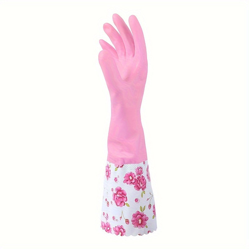 1 Pair Rubber Gloves for Kitchen, Dishwashing & Laundry - Long, Waterproof, Durable, PVC-Free, Warm Fleece Lined Cleaning Gloves, Dishwashing Gloves