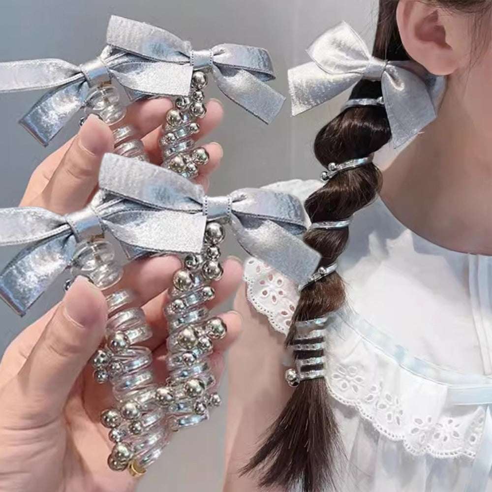 Elastic Bow Spiral Hair Ties Shiny Bowknot Braided Ponytail Holders Silvery Telephone Wire Hairband Girls
