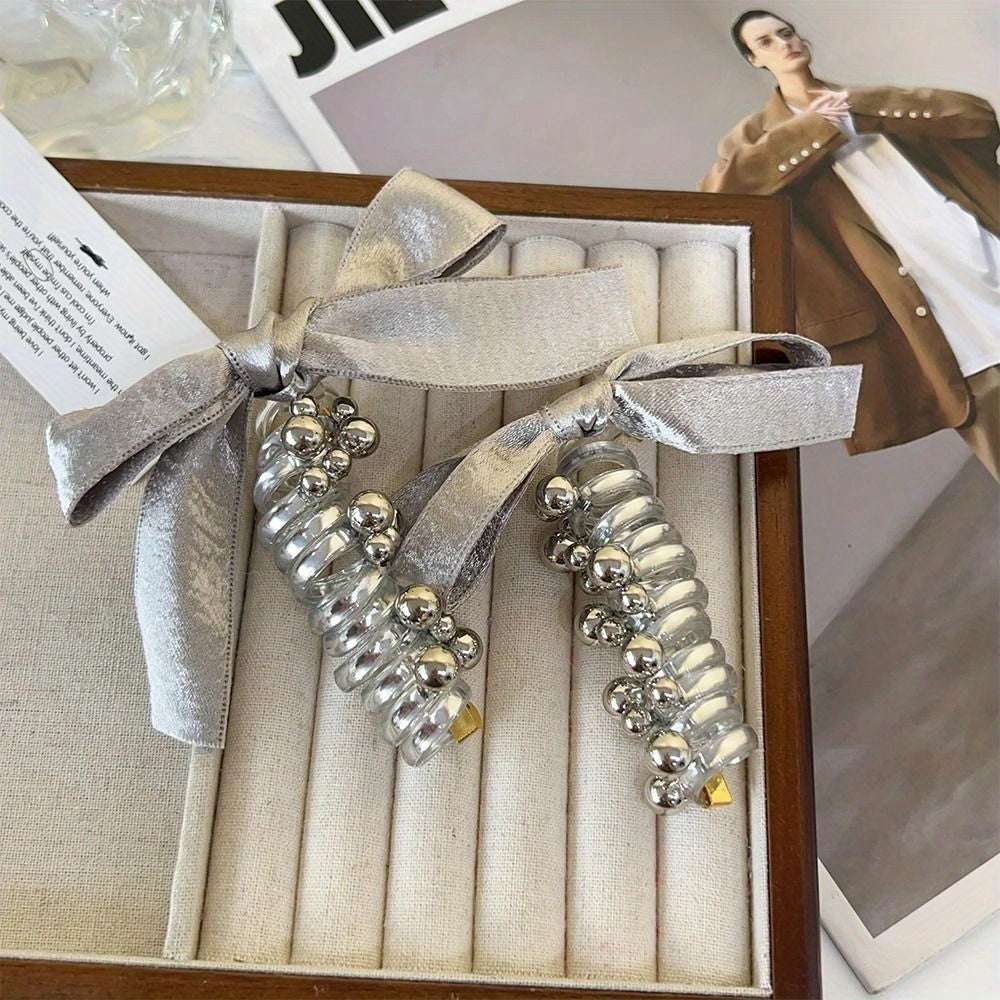 Elastic Bow Spiral Hair Ties Shiny Bowknot Braided Ponytail Holders Silvery Telephone Wire Hairband Girls