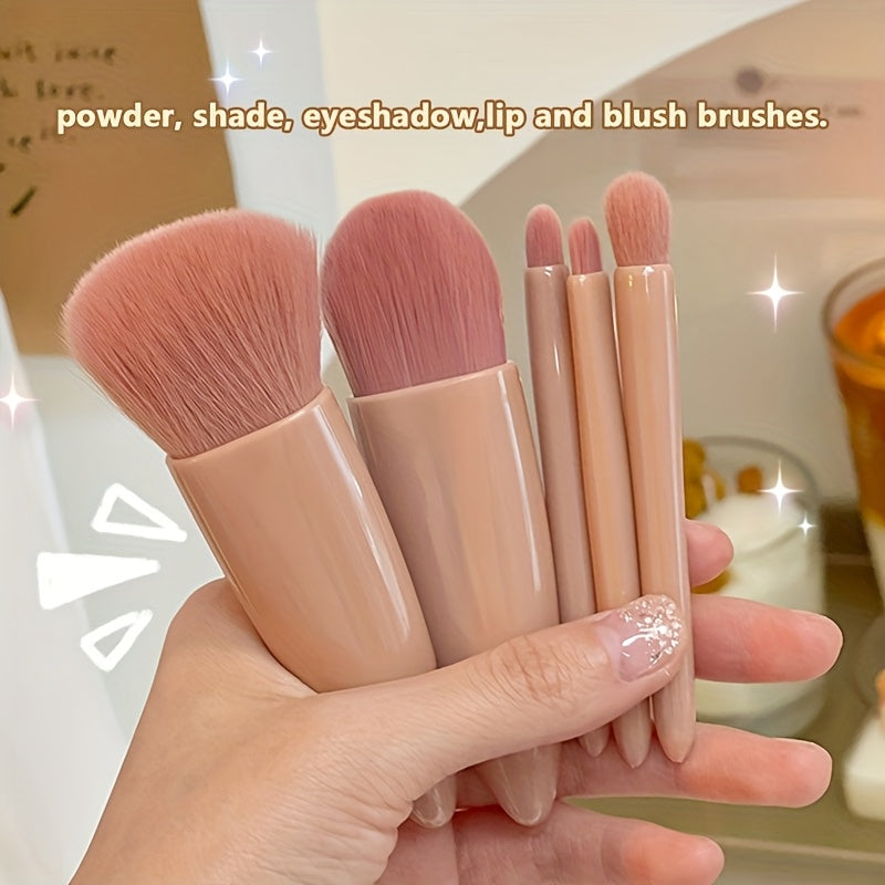 5 pcs Mini Makeup Brush Set with Mirror - Multifunctional Travel Cosmetic Brushes, Fragrance-Free, ABS Handle, Polyester Bristles, Palm Brush Shape, Ideal Gift for Friends and Family, All Skin Types