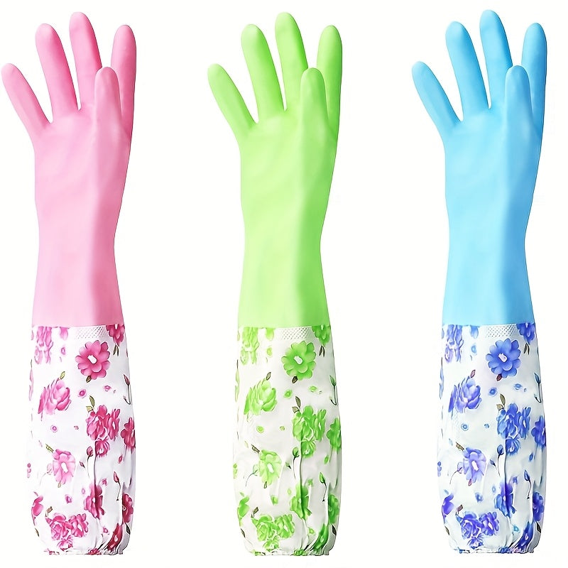 Kitchen Cleaning Long Sleeve Fleece - Lined Warm Gloves, Rubber Waterproof Kitchen Cuff Gloves for Cold Weather, Ideal for Laundry, Dishwashing & Household Chores, Kitchen Cleaning Gloves