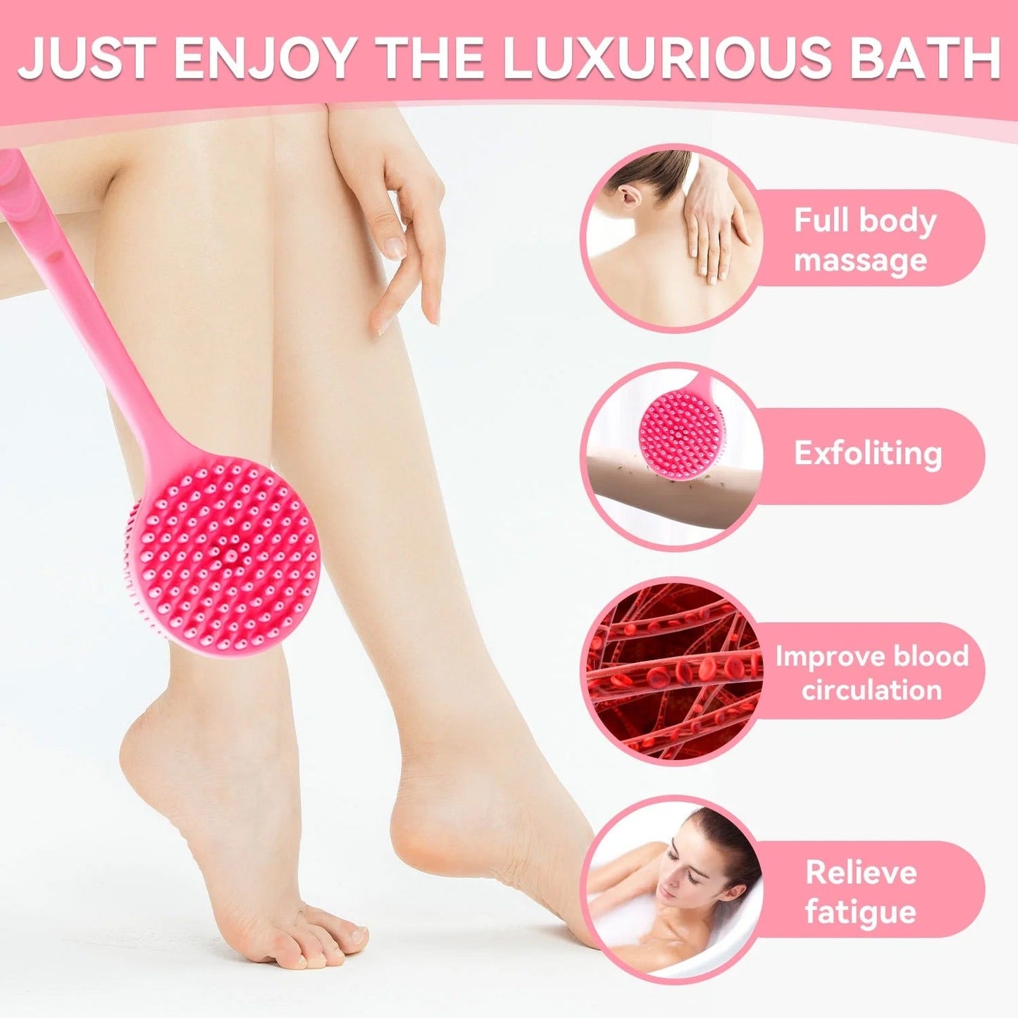 2-in-1 Silicone Body & Back Scrub Brush – Soft Bristles with Long Handle for Shower, Bath & Exfoliation