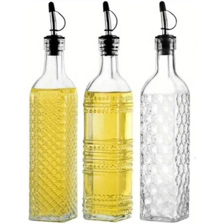 1 Pc Glass Oil Dispensers 500ml Oil and Vinegar Bottle with Pourer Square Shape (Random Design)