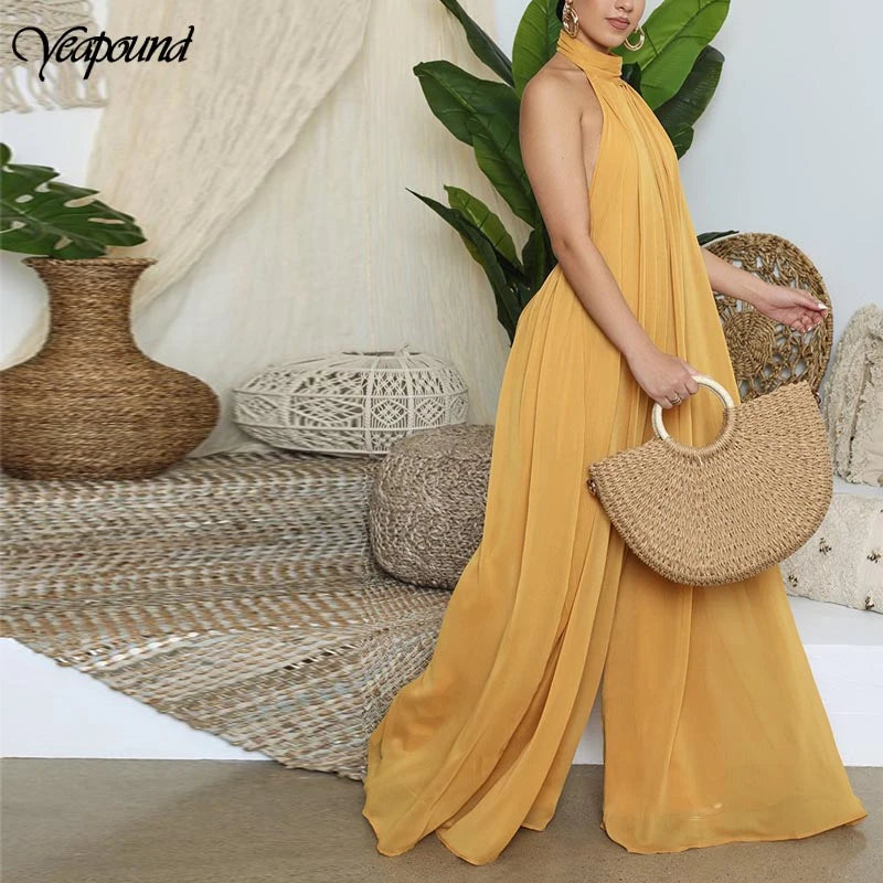Elegant Holiday Chiffon Jumpsuits Halter Sleeveless High Waist Women Wide Leg Playsuit Open Back Pleated Rompers
