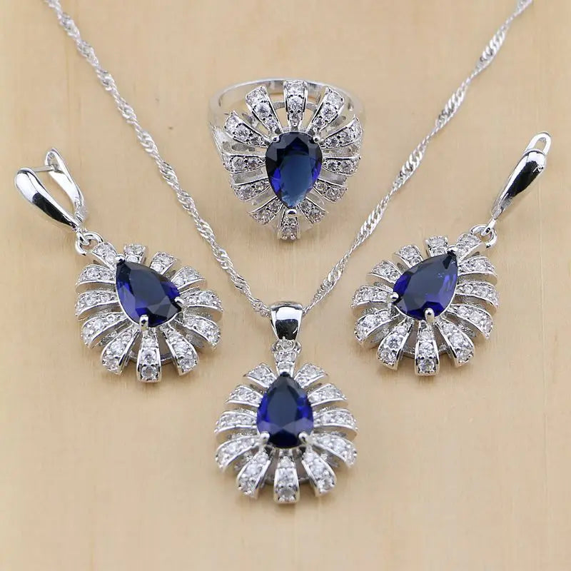 Hiphop Style 925 Sterling Silver Jewelry Blue Zircon White CZ Jewelry Sets For Women Earring/Pendant/Necklace/Rings