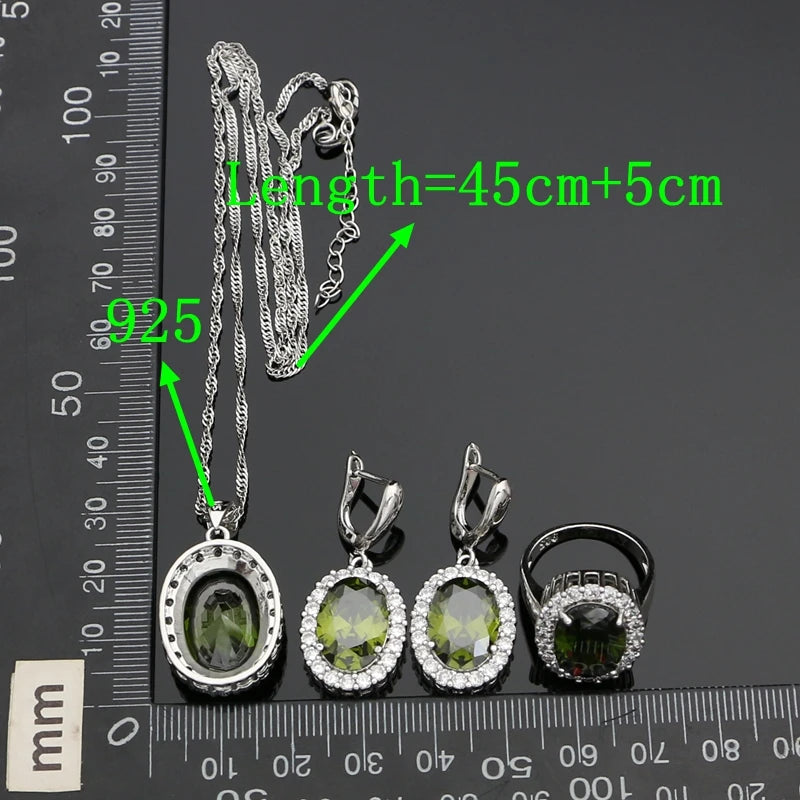 Silver 925 Jewelry Sets Olive Green Cubic Zirconia Drop Earrings Pendant Ring Bracelet Necklace Set For Women Jewelry