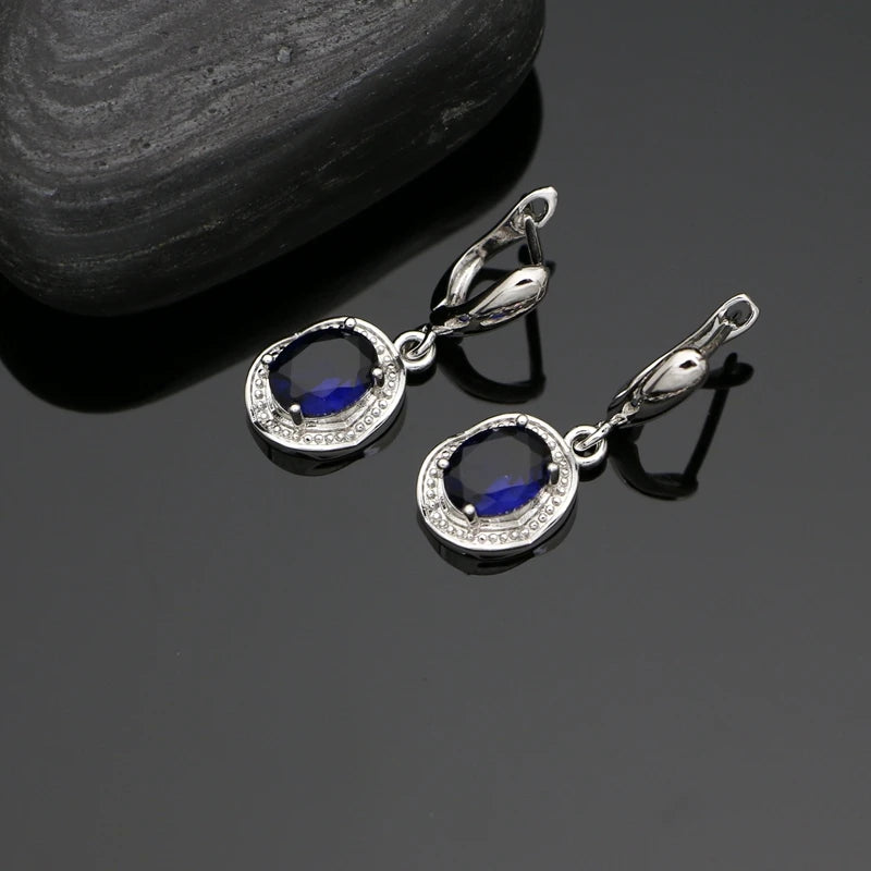 Silver 925 Jewelry Set for Woman Party Accessories Sapphire Earrings Chain Pendant Open Ring Silver Set