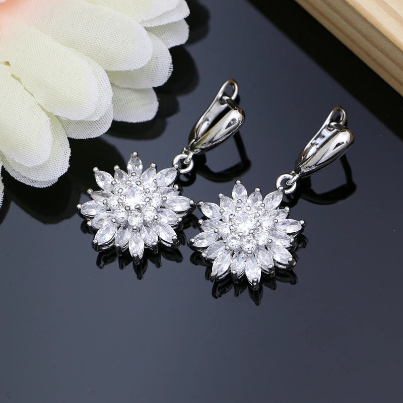 Luxury Flowers 925 Sterling Silver Costume Jewelry Sets for Women Cubic Zirconia Earrings Fashion Wedding Jewelry Necklace Sets