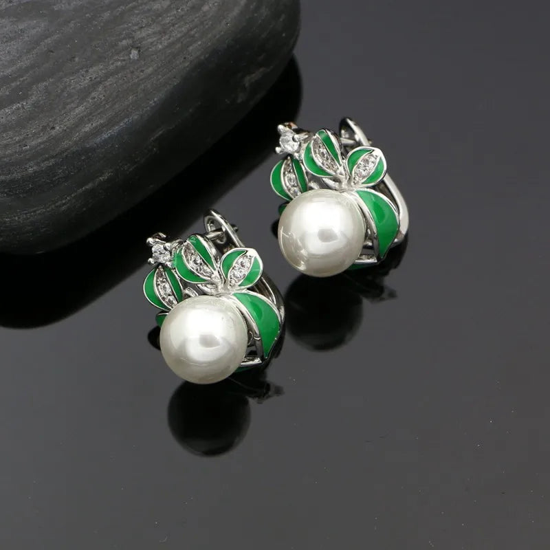 925 Sterling Silver Jewelry Set Green Enamel Pearl Crystal Jewelry Set Reindeer Shape Ring Earring Necklace Pendant Set