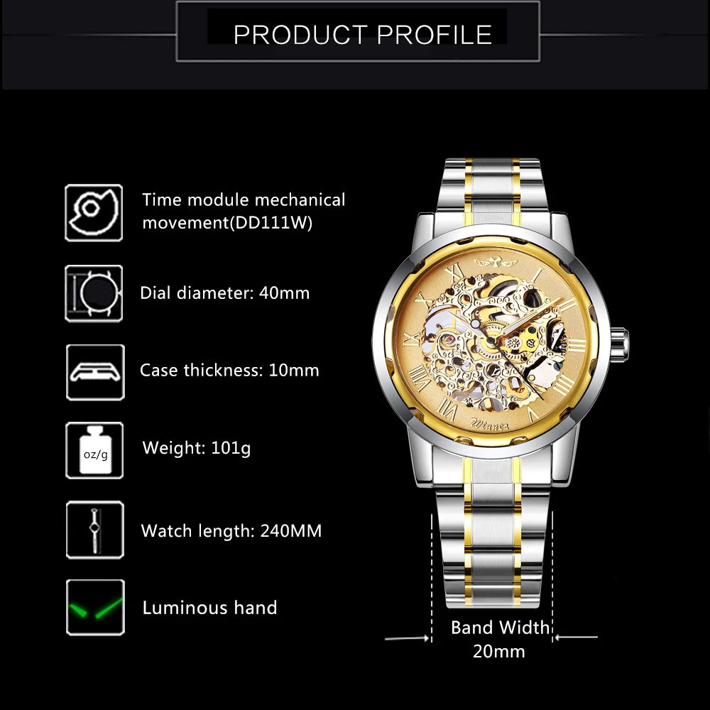 New 2020 Top Brand Luxury WINNER Golden Watches Mens Skeleton Mechanical Watches Stainless Steel Strap Classic Wristwatch COLORs