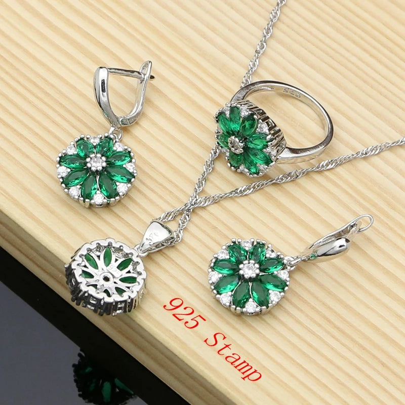 Geometric Cubic Zirconia Crystal  Bridal Jewelry Set Women Wedding Necklace Earrings Ring 925 Silver Bracelet Gift