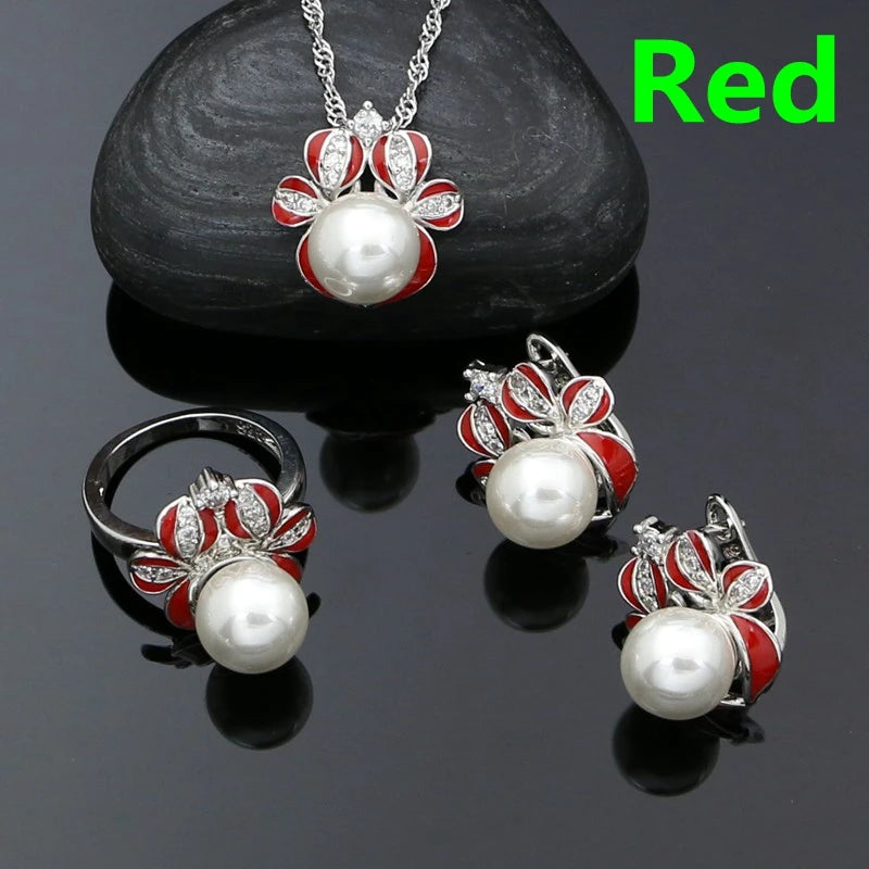 925 Sterling Silver Jewelry Set Green Enamel Pearl Crystal Jewelry Set Reindeer Shape Ring Earring Necklace Pendant Set