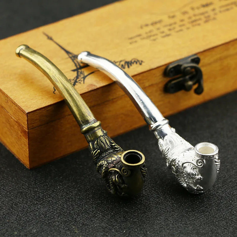 Antique Copper Dragon Phoenix Cigarette Holder Figurines Miniatures Home Decor Brass Carved Pipe Crafts Collection Ornaments