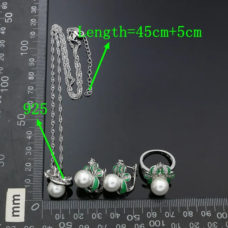 925 Sterling Silver Jewelry Set Green Enamel Pearl Crystal Jewelry Set Reindeer Shape Ring Earring Necklace Pendant Set