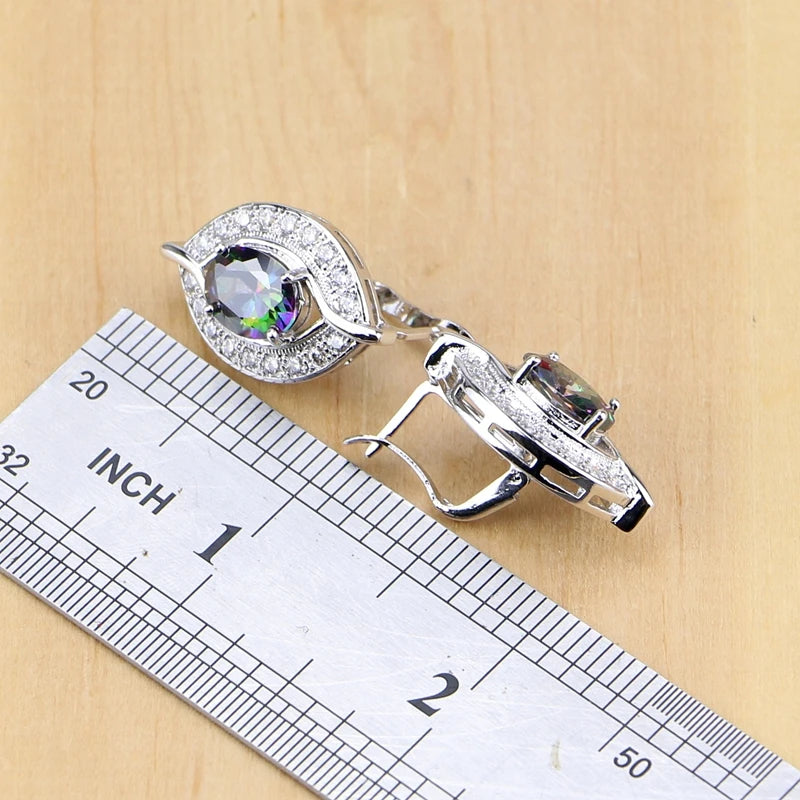925 Sterling Silver Natural Mystic Rainbow Zircon Stone Jewelry Sets For Women Earrings/Pendant/Ring/Bracelet/Necklace Set