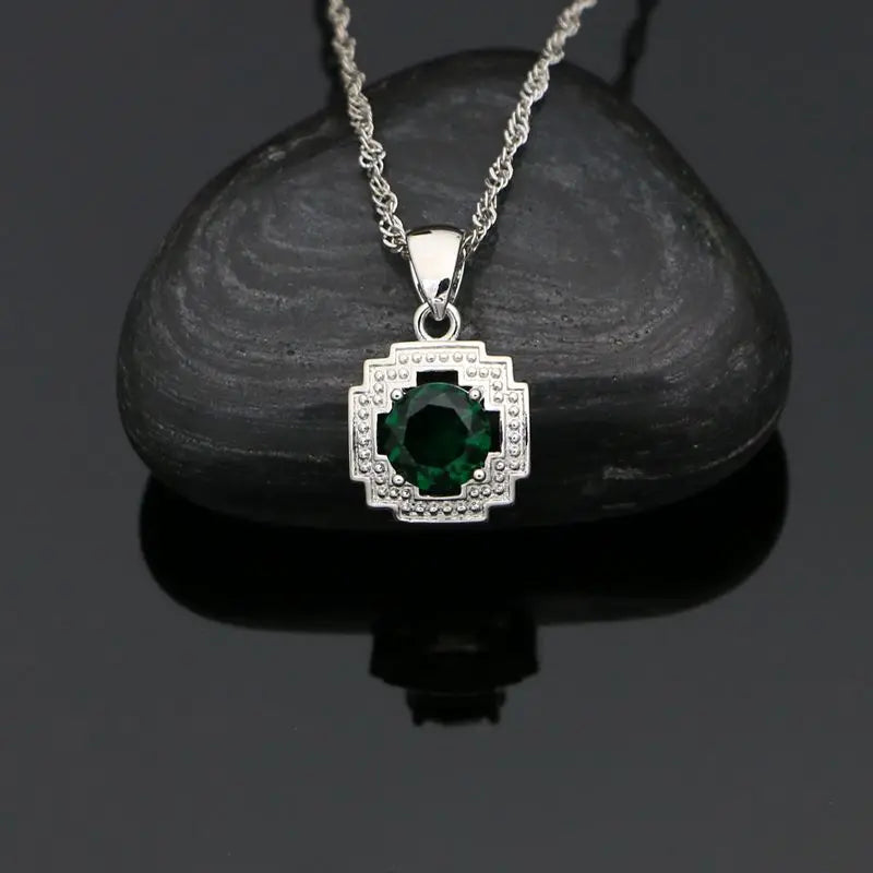 Green Stone Jewelry 925 Sterling Silver Open Ring Pendant Chain Earring Bracelet CZ Accessories Square Jewelry Kit for Women