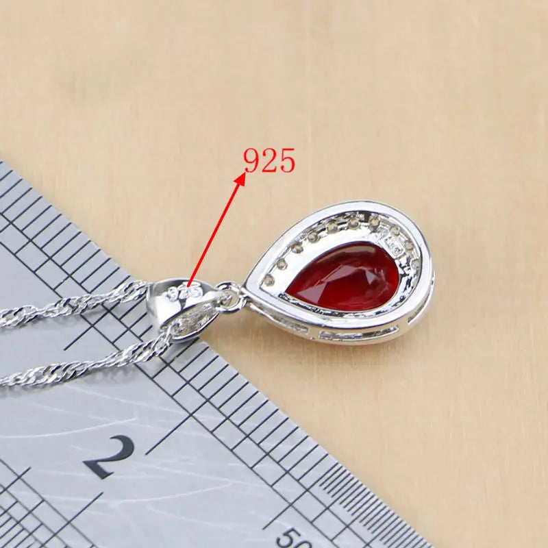 Mystic Red Zircon 925 Sterling Silver Jewelry Sets Women Wedding Accessories Long Earrings/Pendant/Necklace/Rings T078