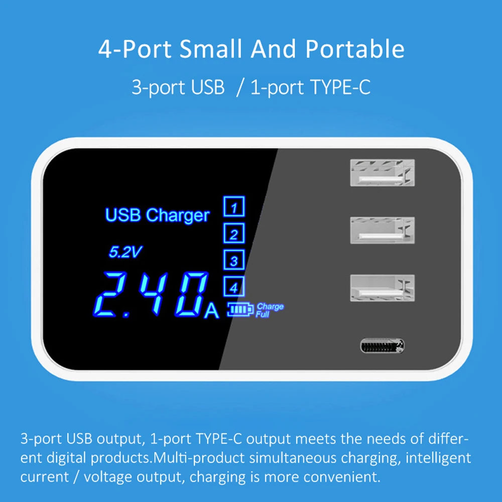 Quick Charge Type C USB Wall Charger Dock Led Display Fast Mobile Phone Tablet Charger For iPhone Samsung9 Multi USB HUB EU Plug