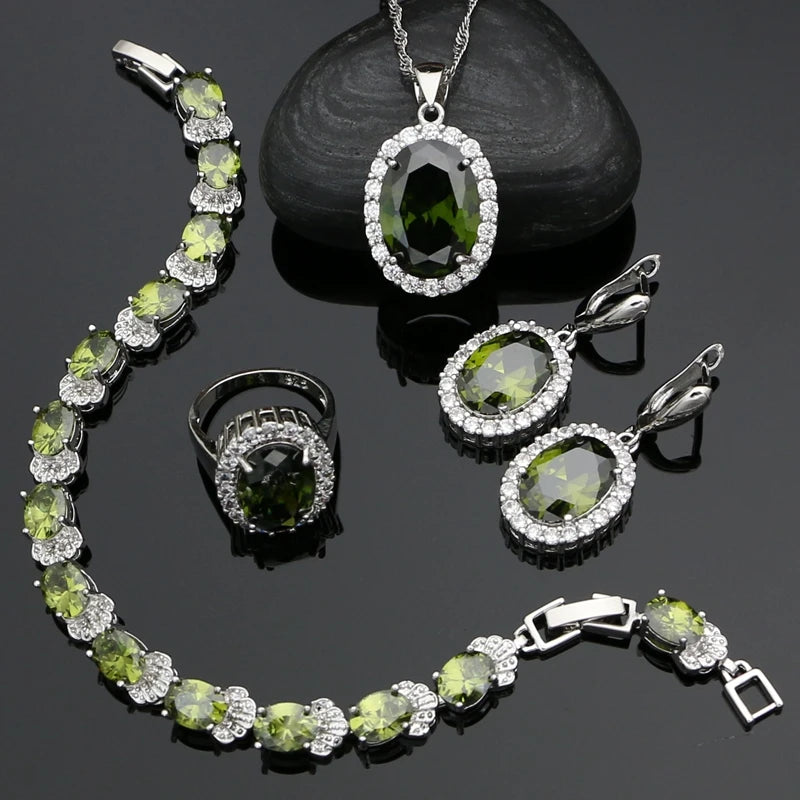 Silver 925 Jewelry Sets Olive Green Cubic Zirconia Drop Earrings Pendant Ring Bracelet Necklace Set For Women Jewelry