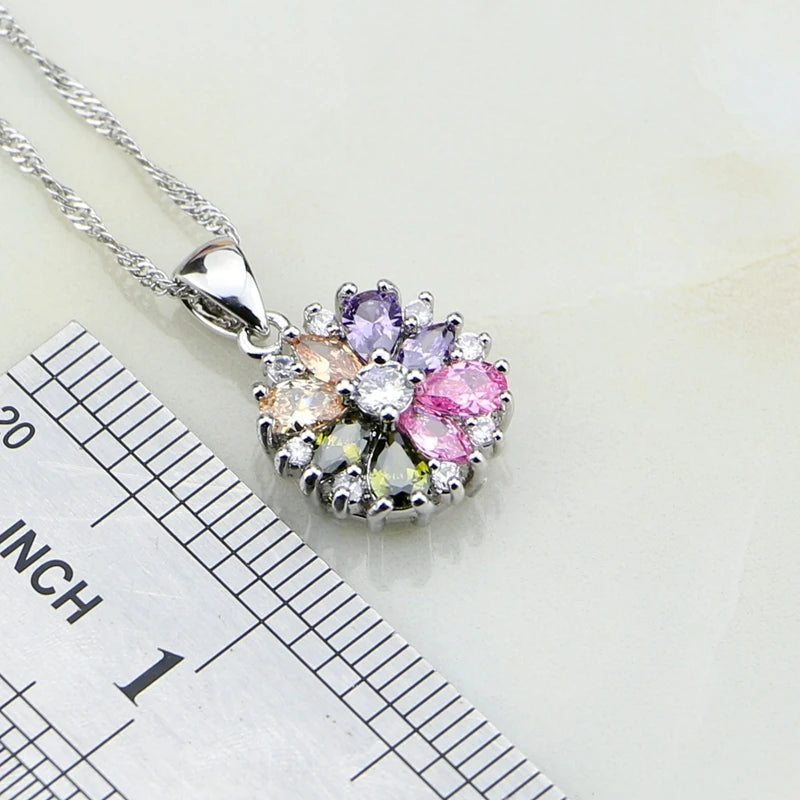 925 Silver Jewelry Flower Multi-color stones Jewelry Sets For Women Wedding Earrings/Pendant/Necklace/Rings
