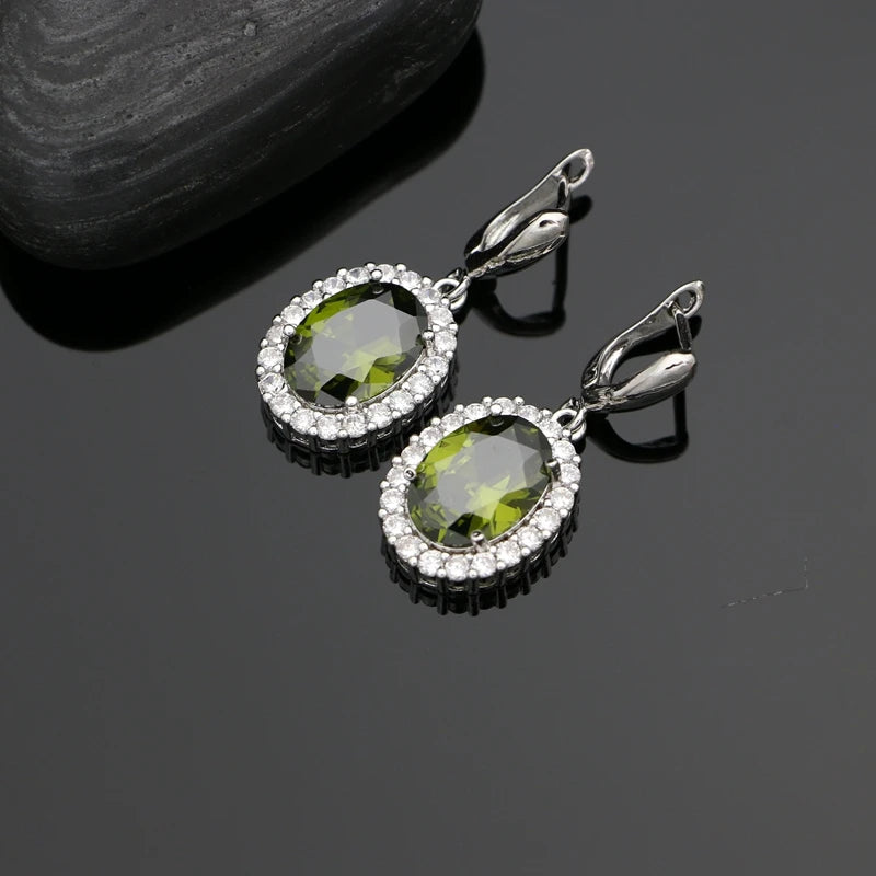 Silver 925 Jewelry Sets Olive Green Cubic Zirconia Drop Earrings Pendant Ring Bracelet Necklace Set For Women Jewelry