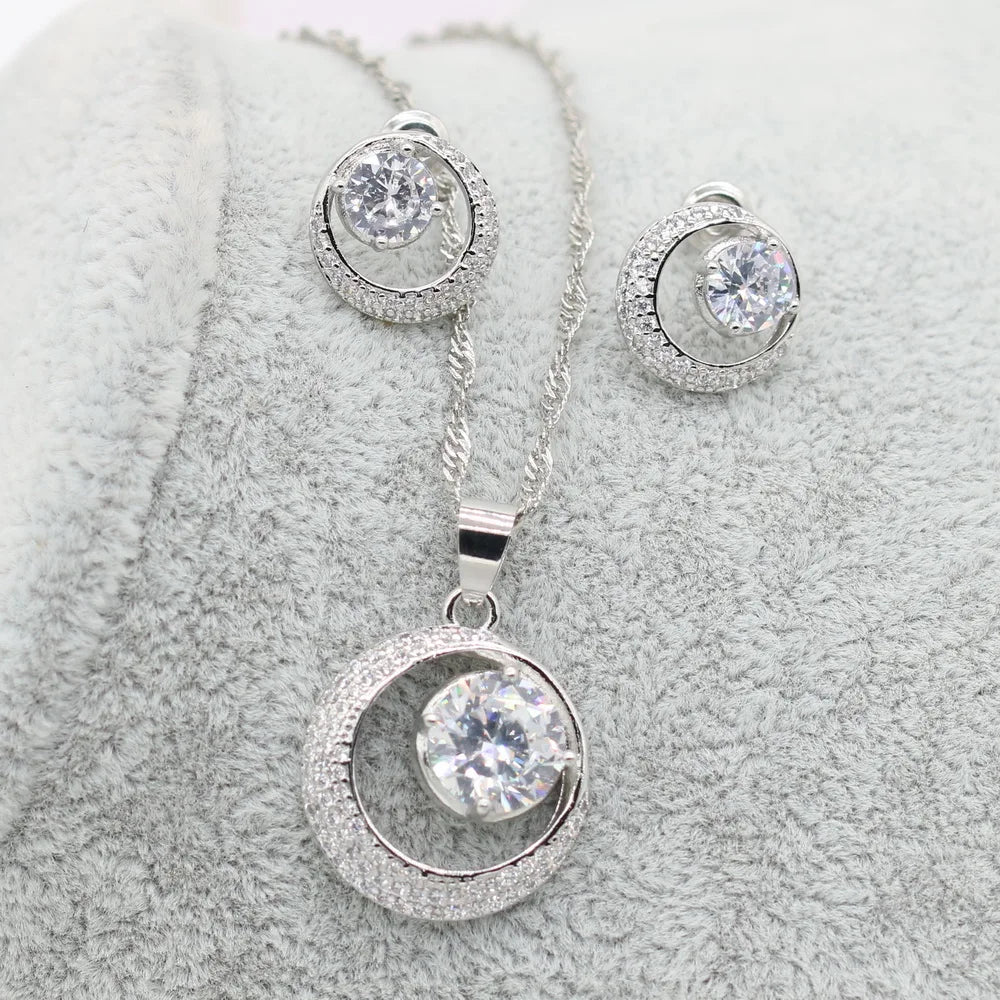 2021 mais novo branco zircon 925 conjuntos de jóias de prata para mulheres brincos de casamento colar pingente caixa de presente livre