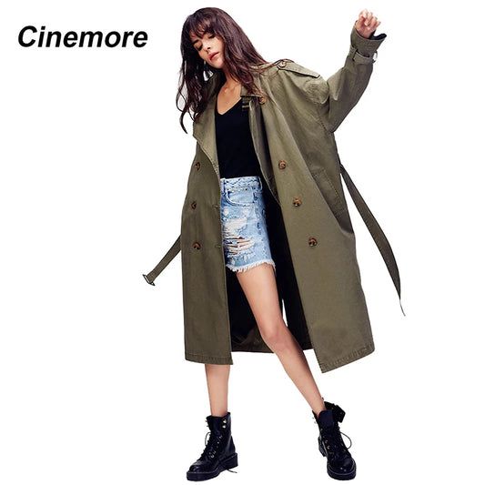 Cinemore 2022 New Women Trench Coat Spring Autumn Casual Loose Oversize Coat Top Double Breasted Belt Vintage Outwear 870114