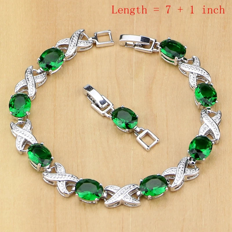 925 Silver Jewelry Oval Green Created Emerald White CZ Jewelry Sets for Women Earrings/Pendant/Necklace/Rings/Bracelet T225