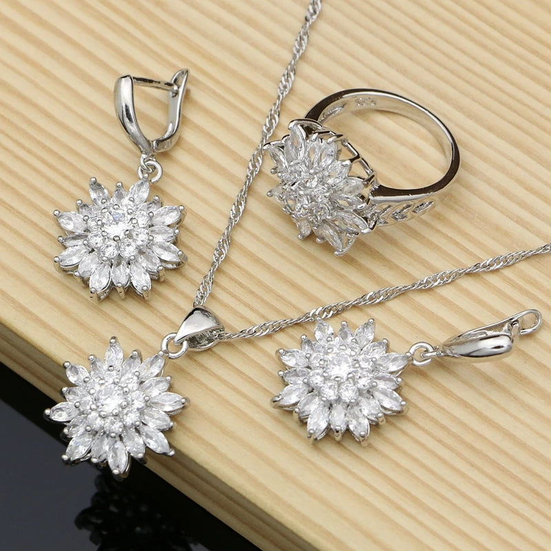 Luxury Flowers 925 Sterling Silver Costume Jewelry Sets for Women Cubic Zirconia Earrings Fashion Wedding Jewelry Necklace Sets