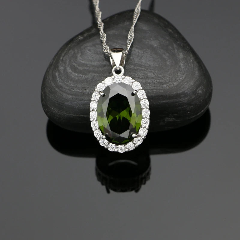 Silver 925 Jewelry Sets Olive Green Cubic Zirconia Drop Earrings Pendant Ring Bracelet Necklace Set For Women Jewelry
