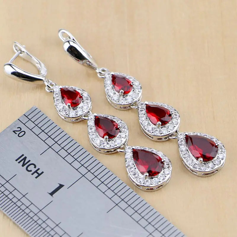 Mystic Red Zircon 925 Sterling Silver Jewelry Sets Women Wedding Accessories Long Earrings/Pendant/Necklace/Rings T078
