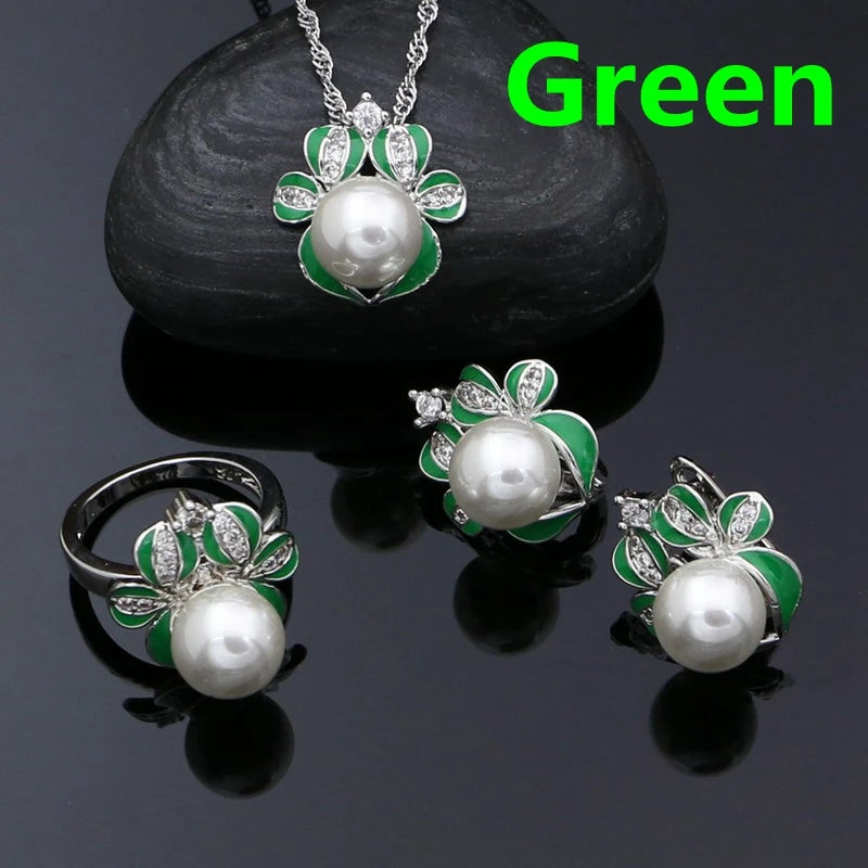 925 Sterling Silver Jewelry Set Green Enamel Pearl Crystal Jewelry Set Reindeer Shape Ring Earring Necklace Pendant Set