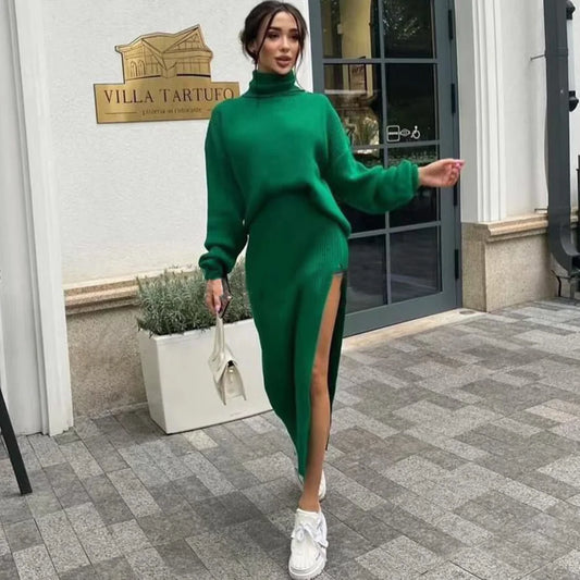 Winter Long Skirt Knitted Suit Set Women Casual Turtleneck Sweater Tops And High Waisted Split Sexy Skirt 2 Piece Set Clothing