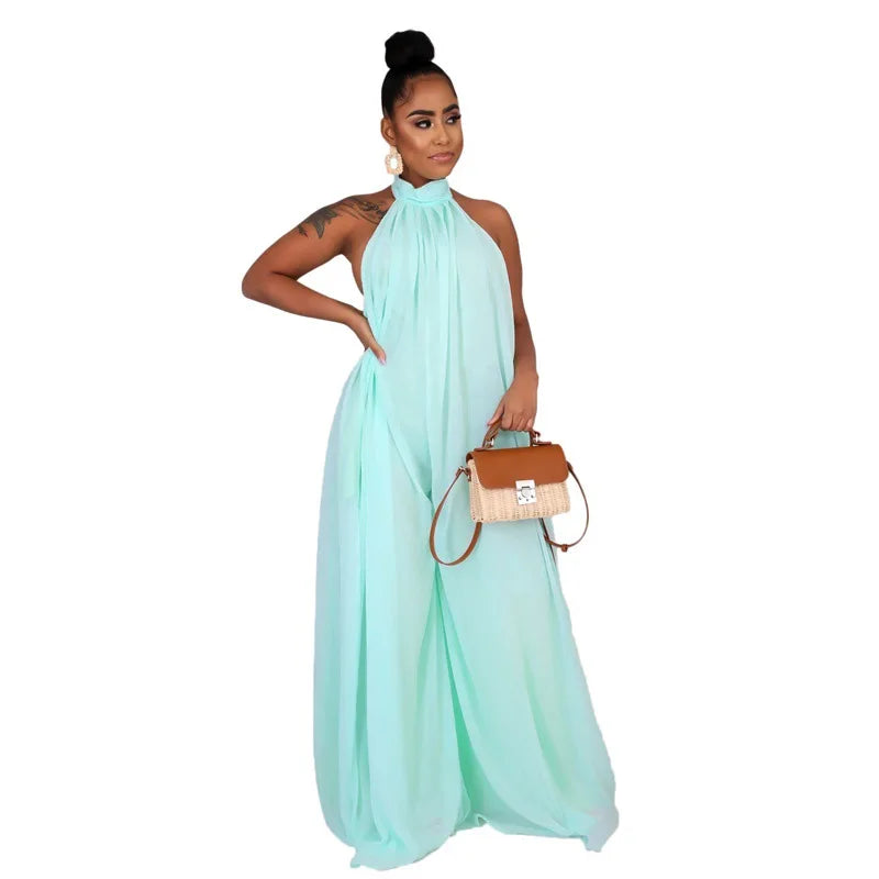Elegant Holiday Chiffon Jumpsuits Halter Sleeveless High Waist Women Wide Leg Playsuit Open Back Pleated Rompers