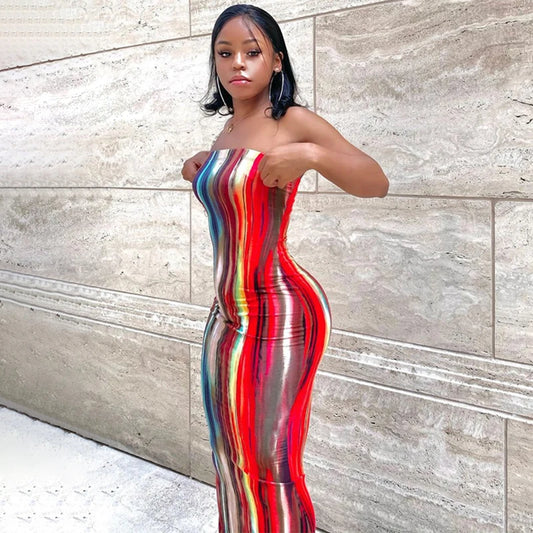 Women Casual Tube Long Dress Summer Strapless Off Shoulder Tie-dye Print Bodycon Maxi Dresses Sexy Evening Party Prom Club Robe