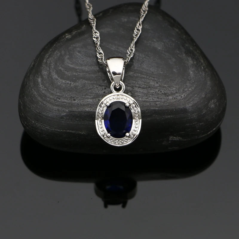 Silver 925 Jewelry Set for Woman Party Accessories Sapphire Earrings Chain Pendant Open Ring Silver Set