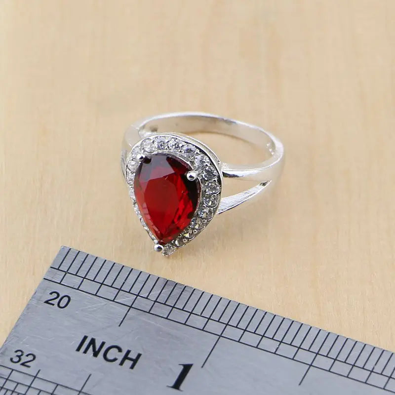 Mystic Red Zircon 925 Sterling Silver Jewelry Sets Women Wedding Accessories Long Earrings/Pendant/Necklace/Rings T078