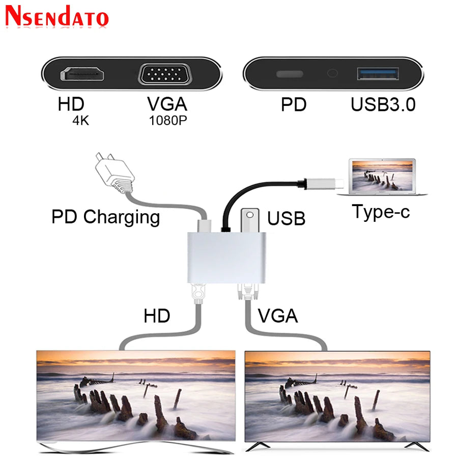4 in 1 4K Multi USB Type C HUB to USB 3.0 HD VGA PD Charger Docking station Adapter for MacBook Notebook Samsung Galaxy S8 PC