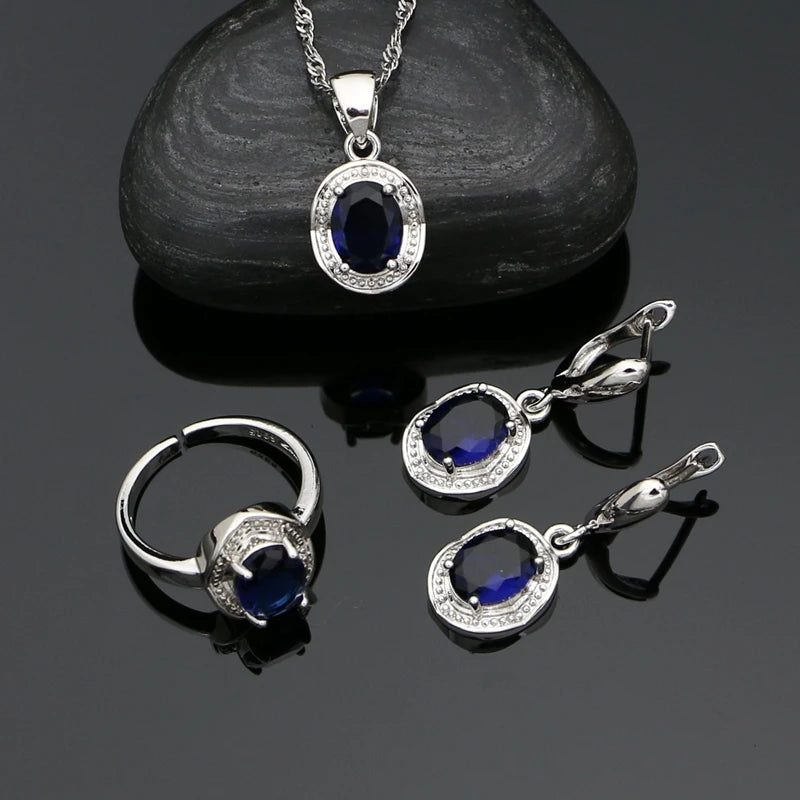 Silver 925 Jewelry Set for Woman Party Accessories Sapphire Earrings Chain Pendant Open Ring Silver Set