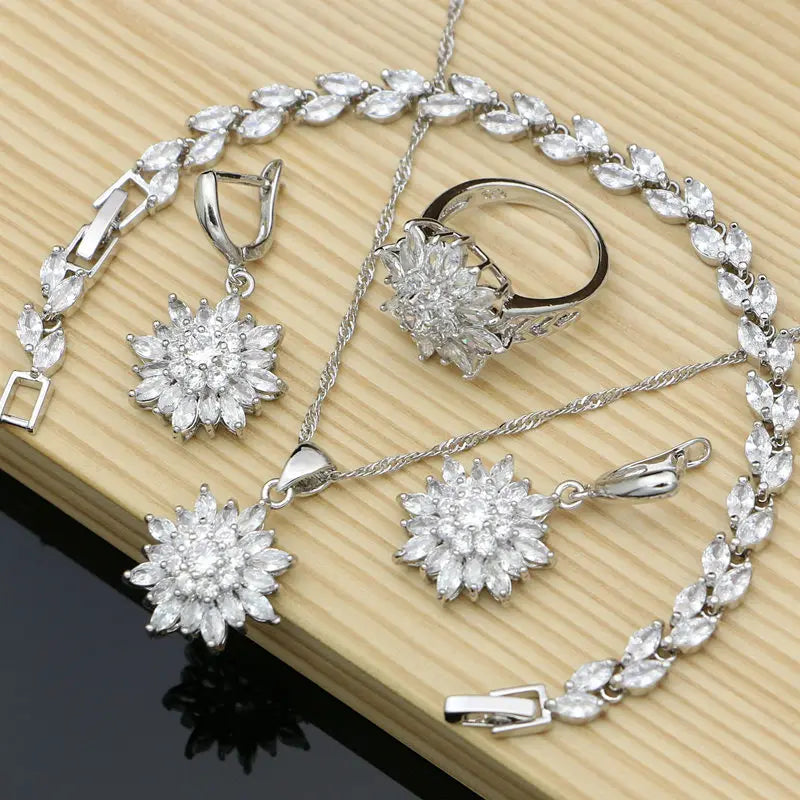 Luxury Flowers 925 Sterling Silver Costume Jewelry Sets for Women Cubic Zirconia Earrings Fashion Wedding Jewelry Necklace Sets
