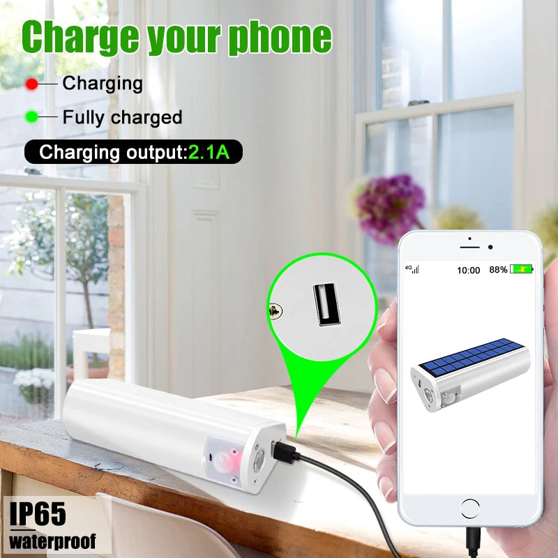 Lanterna solar de LED recarregável, 650 lúmen, impermeável, carregador de celular USB, uso interno ou externo, luz solar portátil