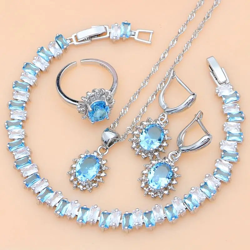 Silver 925 Jewelry Sets for Women Sky Blue Crystal Birthstone Fashion Jewelry Gift for Her Party Necklace Sets