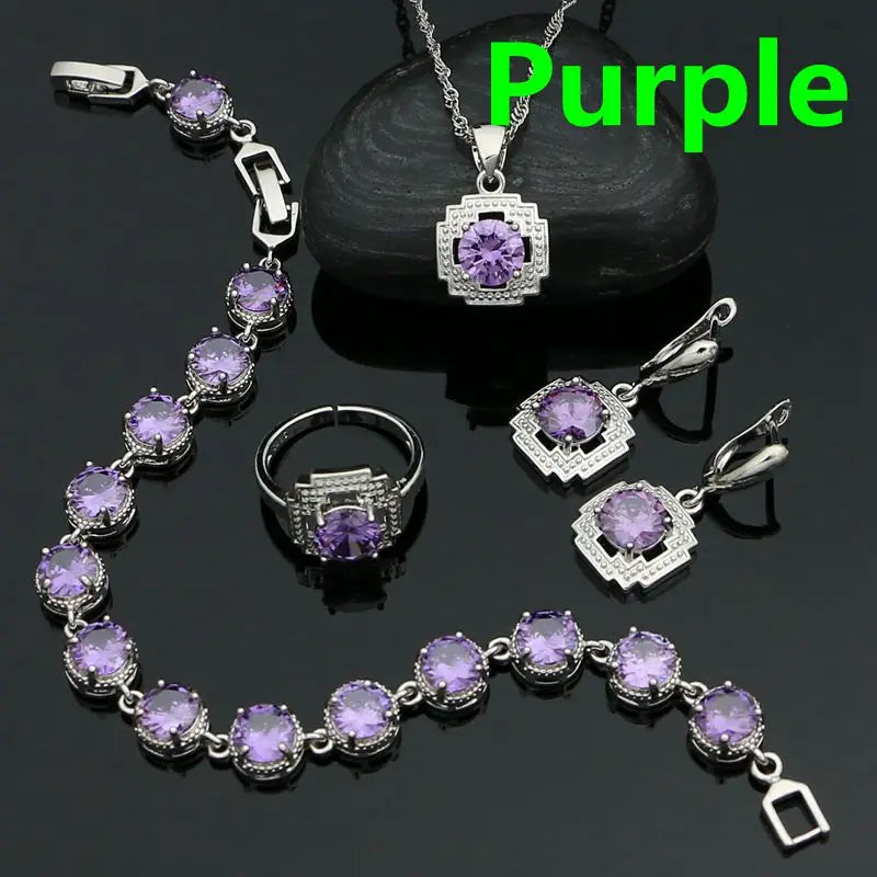 Green Stone Jewelry 925 Sterling Silver Open Ring Pendant Chain Earring Bracelet CZ Accessories Square Jewelry Kit for Women