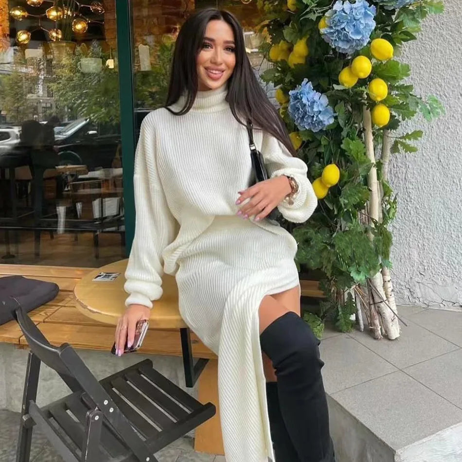 Winter Long Skirt Knitted Suit Set Women Casual Turtleneck Sweater Tops And High Waisted Split Sexy Skirt 2 Piece Set Clothing