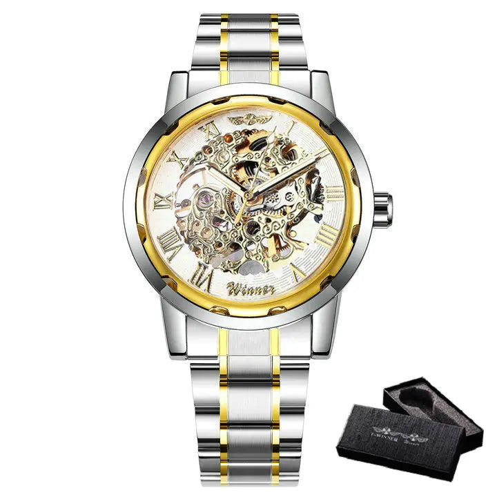 New 2020 Top Brand Luxury WINNER Golden Watches Mens Skeleton Mechanical Watches Stainless Steel Strap Classic Wristwatch COLORs